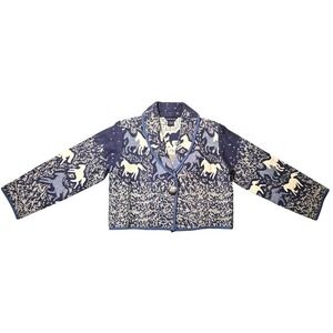 Hokus Pokus Blazer Womens Petite Small Horse Tapestry Jacket Blue Cotton
